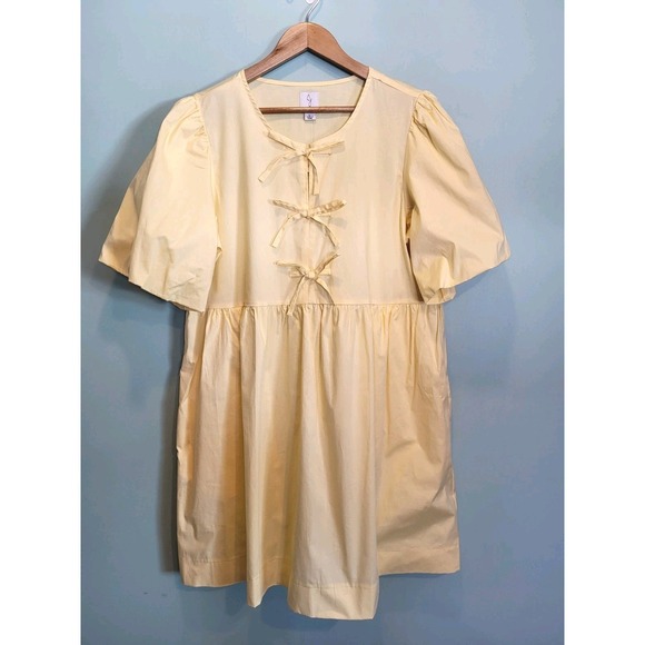 Joie Dresses & Skirts - New Joie Butter Yellow Babydoll Puff Sleeve Bow Pockets Dress Sz L